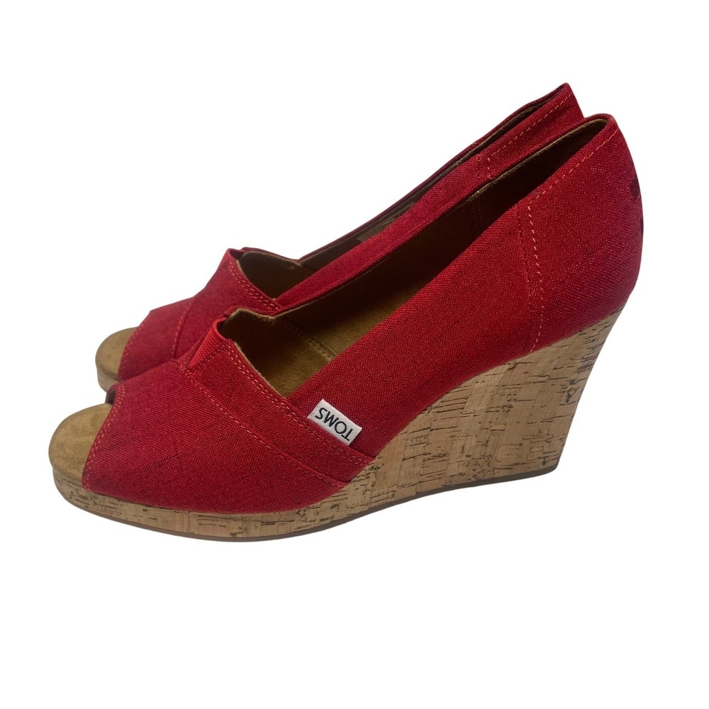 TOMS Classic Canvas Red Open Toe Espadille Cork Wedge Women's 9
